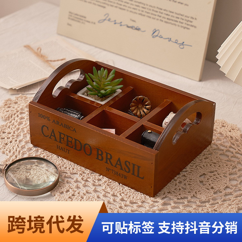 Storage & Organization - กล่องเก็บของไม้สไตล์ Zakka แบบย้อนยุค 6 ช่อง พกพาสะดวก