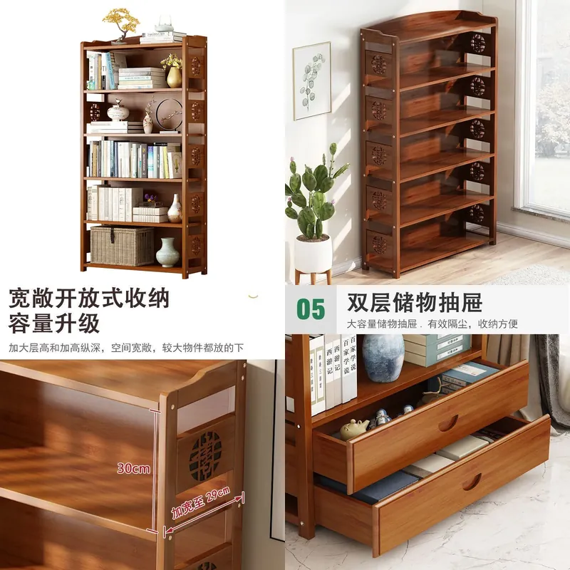 Storage & Organization - ชั้นวางหนังสือไม้เนื้อแข็ง ชั้นเก็บของแบบเรียบง่ายสำหรับห้องนอน ห้องนั่งเล่น ชั้นวางโชว์รูปภาพสำหรับนักเรียน เฟอร์นิเจอร์ตกแต่งบ้าน