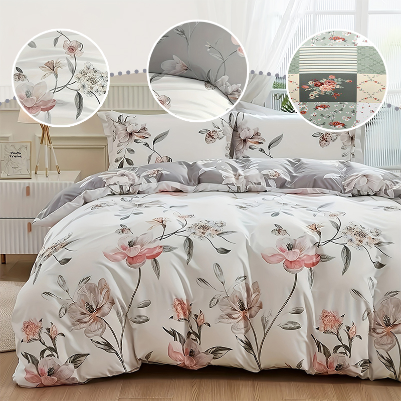 Aesthetic Floral Duvet Cover - ชุดผ้าปูที่นอนลายดอกไม้สีเขียว 2/3 ชิ้น ขนาดควีนไซส์ ดีไซน์สองด้าน พร้อมปลอกหมอน