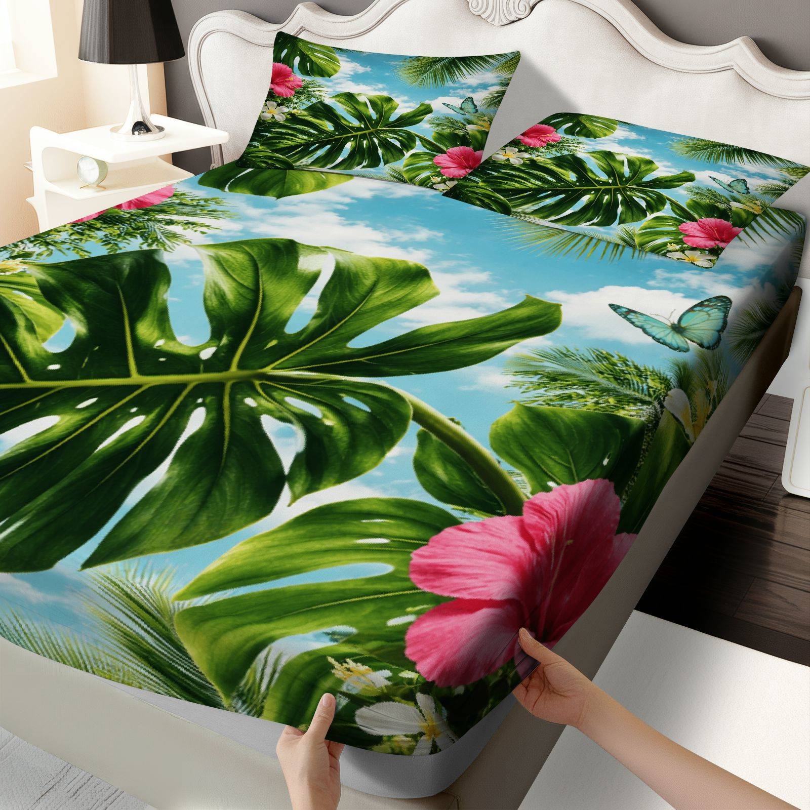 Fitted Bed Sheets Deep Pocket - ชุดผ้าปูที่นอนลายดอกชบาเขตร้อน ธีมฤดูร้อน ชุดเครื่องนอนลายดอกไม้เขตร้อน พร้อมผ้ารองกันเปื้อนที่นอน ชุดเครื่องนอน 3