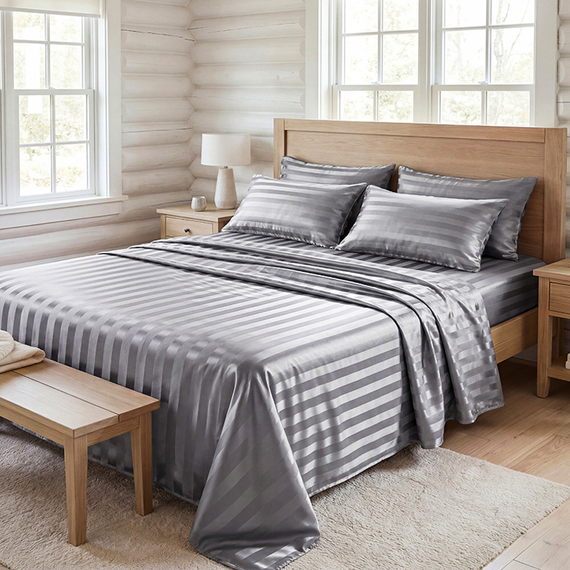 Fitted Bed Sheets Deep Pocket - ชุดผ้าปูที่นอนลายทางผ้าซาตินกันยับ ชุดเครื่องนอนเนื้อผ้าเย็นสบาย พร้อมผ้าปูที่นอนแบบรัดมุมขอบลึก ผ้าปูที่นอนแบบเรียบ และปลอกหมอน