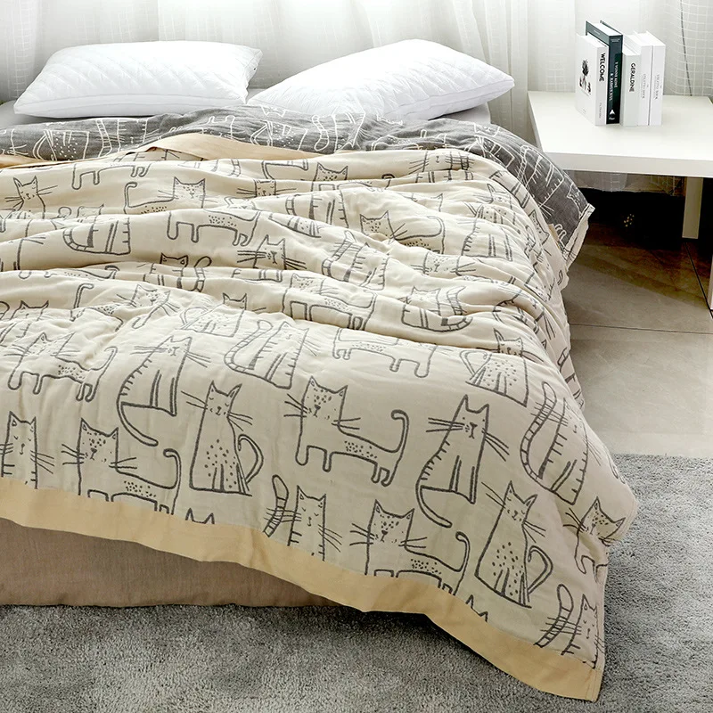 Muslin Cotton Bedspread - Wasart ผ้านวมผ้าฝ้ายแท้สองชั้นผ้าห่มมัสลินพิมพ์ลายการ์ตูนแมวสุดหรูผ้าคลุมเตียงสำหรับฤดูร้อนผ้าคลุมเตียงขนาดคิงไซส์