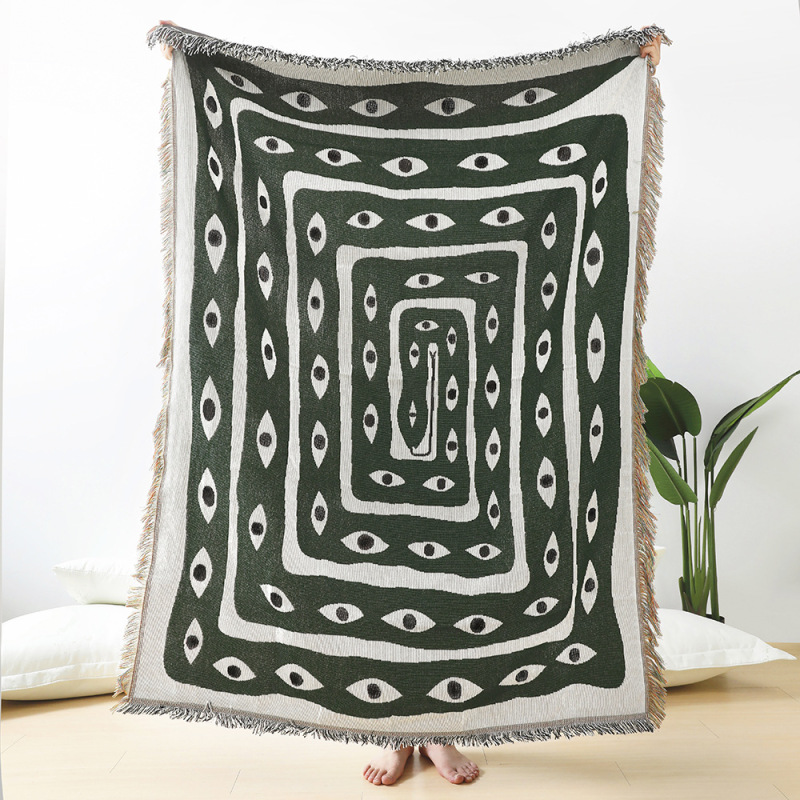 Boho Throw Blanket Fringe - ผ้าห่มลายตาปีศาจสีเขียวขาว ผ้าแจ็คการ์ดลายตาแบบนามธรรม ผ้าปูพื้นสไตล์โบโฮพร้อมพู่ตกแต่ง ผ้าตกแต่งลายชนเผ่าลึกลับสำหรับโซฟา