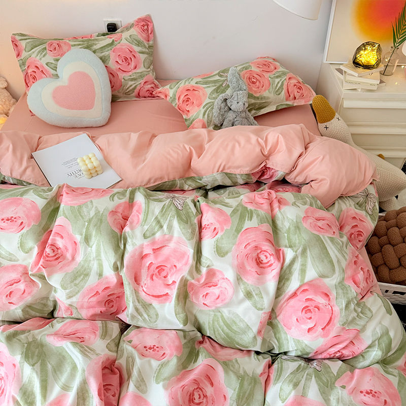 Duvet Cover Sets With Zipper - Pink Rose ชุดผ้านวมซิปแฟชั่นสาว 3 4 ชิ้นห้องนอนแบนผ้าปูที่นอนปลอกหมอนเดี่ยวคู่ขนาด