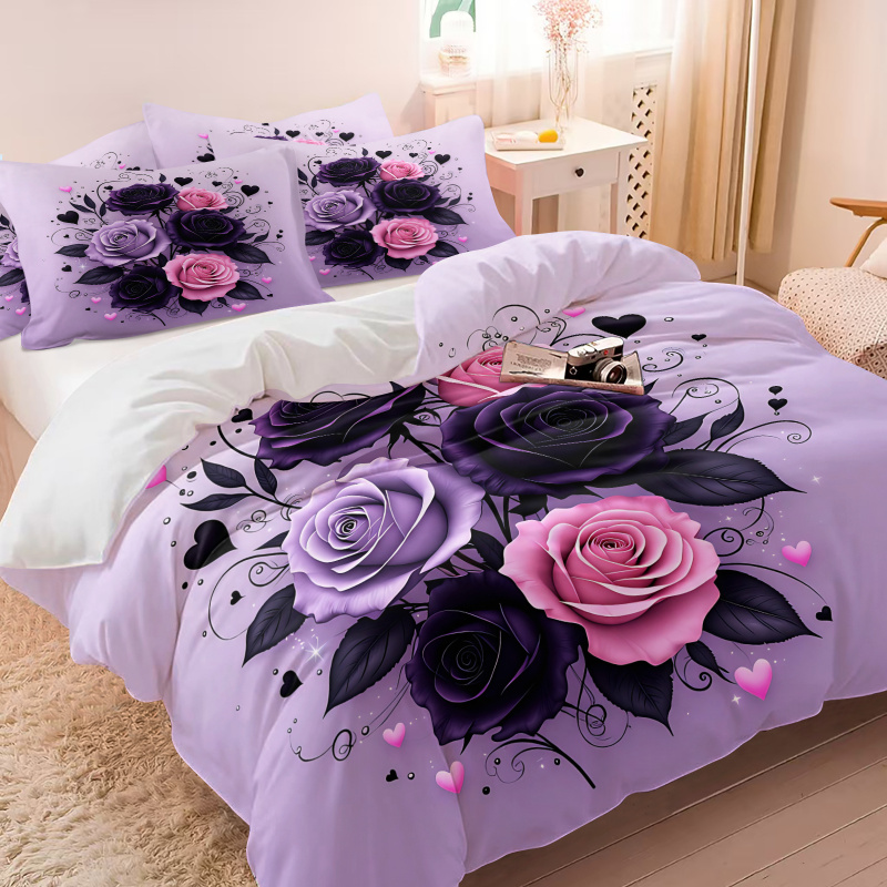ชุดผ้าห่มลายดอกกุหลาบสีม่วง ดำ - Aesthetic Floral Duvet Cover บทวิจารณ์และราคา